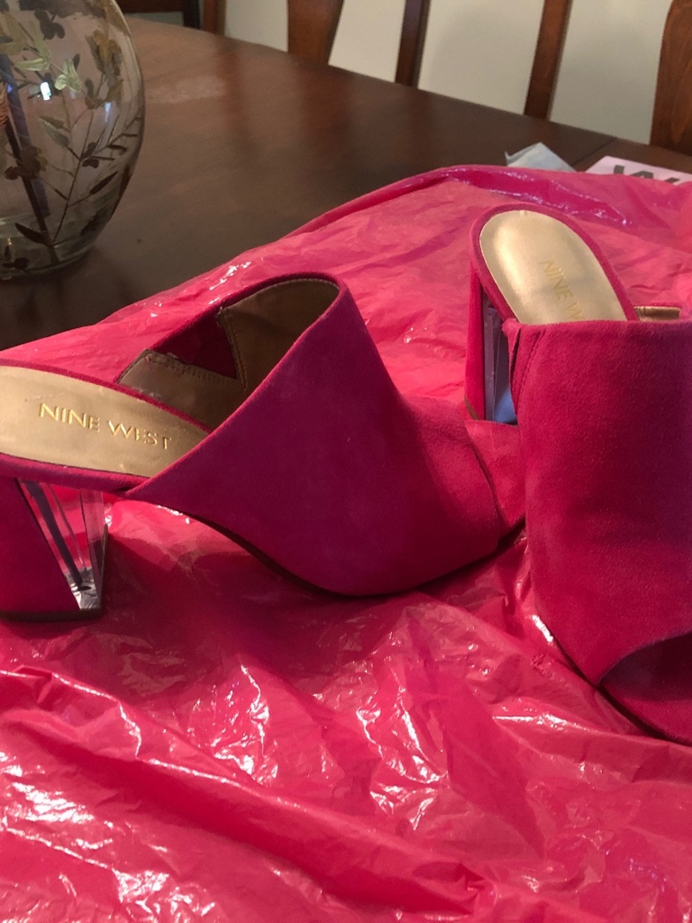 Hot pink suede mules